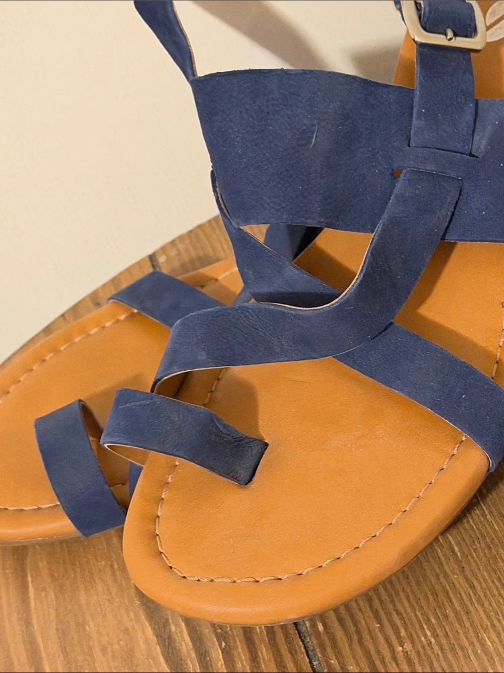 Franco Sarto Navy Blue Strappy Buckle Sandals with Tan Footbed